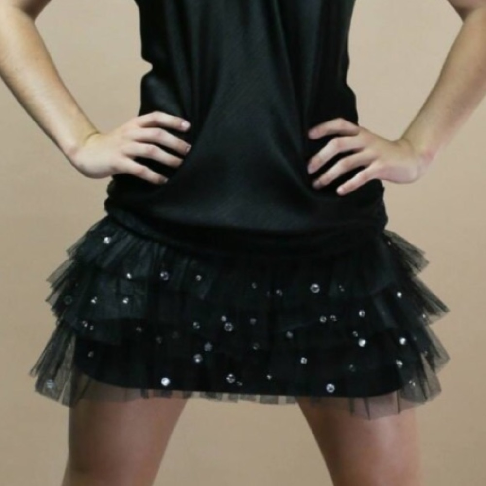 Black satin and tulle ruffle rhinestone high waisted mini skirt